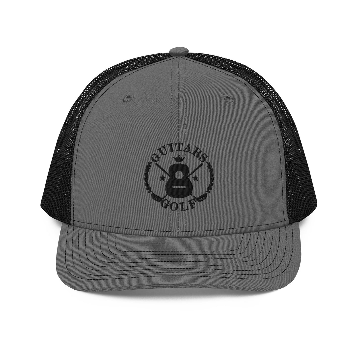 "Guitars and Golf" Embroidered Richardson Black Logo Trucker Cap/Hat on Your Color Choice