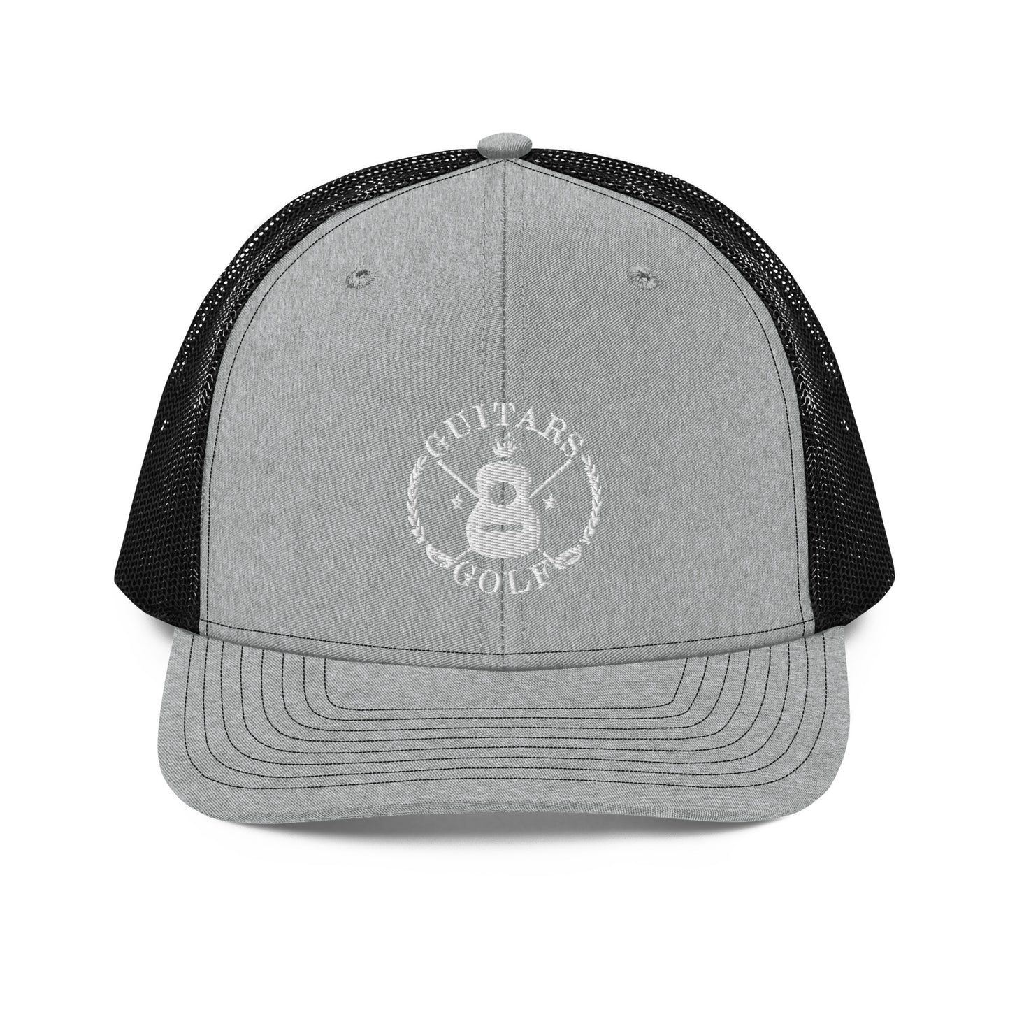 "Guitars and Golf" Embroidered Richardson White Logo Trucker Cap/Hat on Your Color Choice