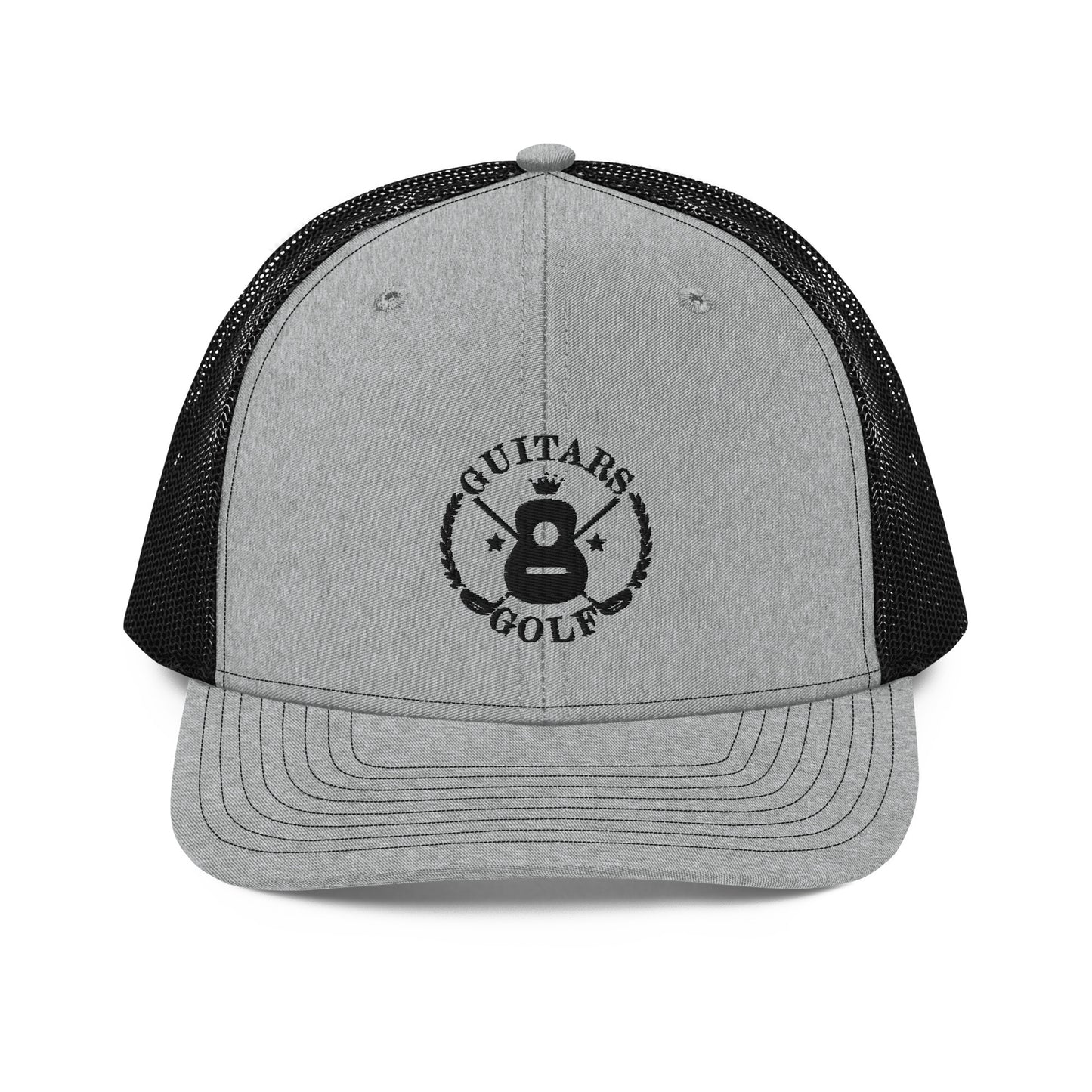 "Guitars and Golf" Embroidered Richardson Black Logo Trucker Cap/Hat on Your Color Choice