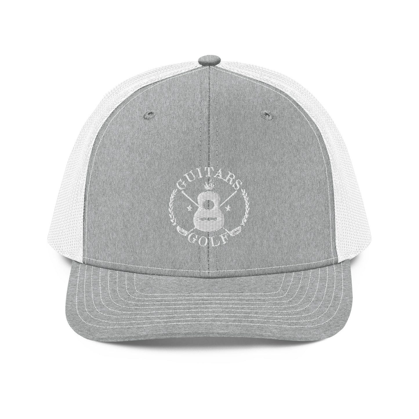 "Guitars and Golf" Embroidered Richardson White Logo Trucker Cap/Hat on Your Color Choice