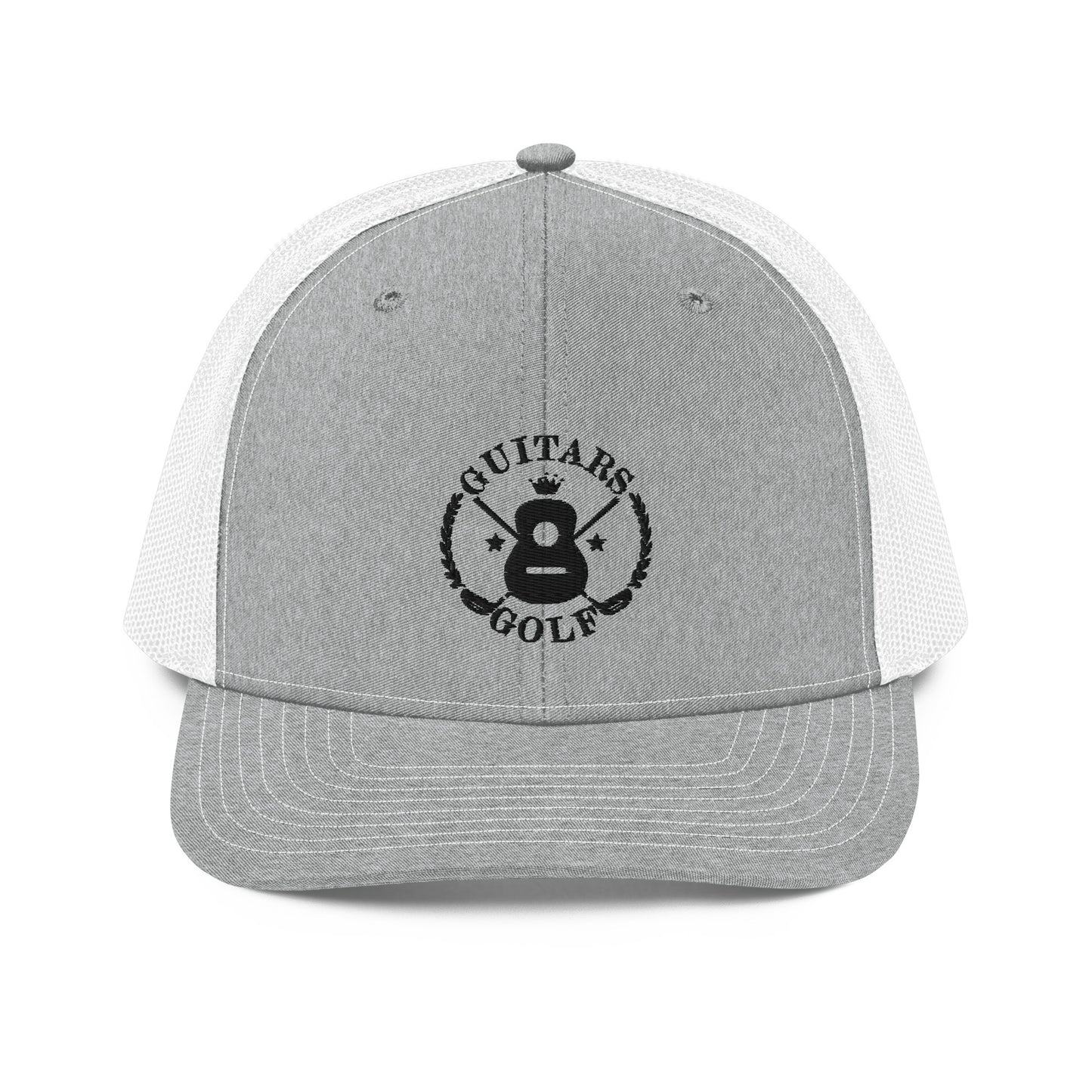 "Guitars and Golf" Embroidered Richardson Black Logo Trucker Cap/Hat on Your Color Choice