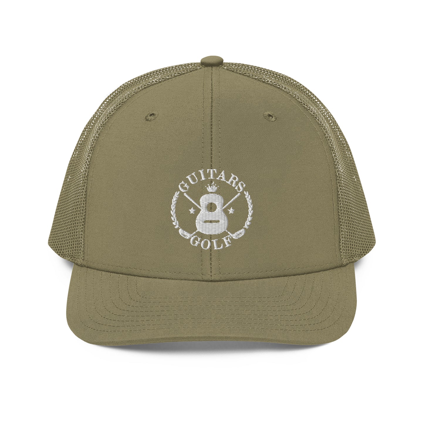 "Guitars and Golf" Embroidered Richardson White Logo Trucker Cap/Hat on Your Color Choice